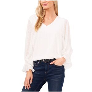 Vince Camuto Womens Clip Dot Smocked Cuff Ruffled Blouse, White, L, DM